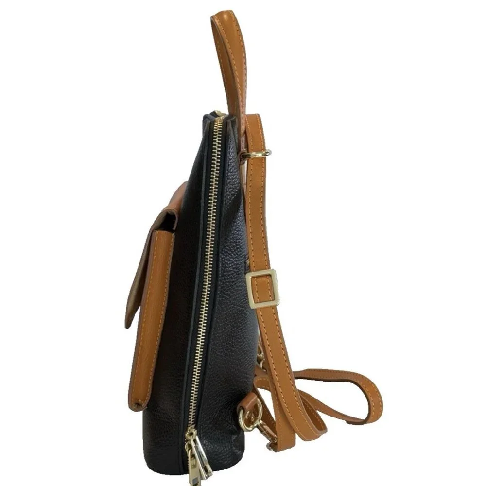 DIVINA FIRENZE Italian Made Leather Black Cognac Convertible Backpack Bag Pocket